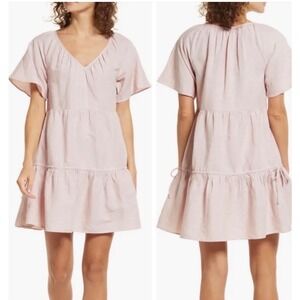Madewell Dress Womens XL Pink Linen Blend Tiered Mini Babydoll Short Sleeve